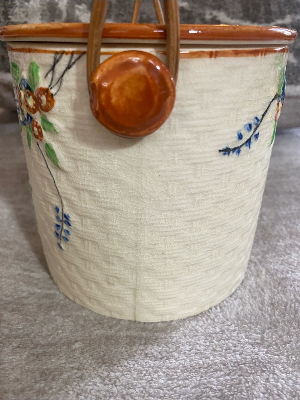 Cream Ceramic Floral Biscuit Jar with Wicker-Style Handle - Picture 7 of 10